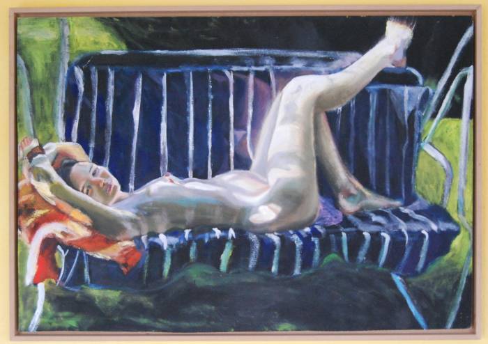 "Frau auf Hollywoodschaukel", 90x60, Öl auf Holz, gerahmt