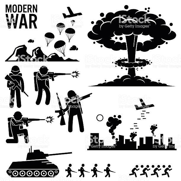 Set of human pictogram representing the modern world war. Army soldier is
parachuting down from aircraft. Bomber is bombing the city. Nuclear weapon... Set of human pictogram representing the modern world war. Army soldier is
parachuting down from aircraft. Bomber is bombing the city. Nuclear weapon...