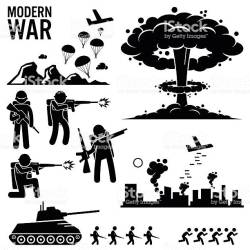 Set of human pictogram representing the modern world war. Army soldier is
parachuting down from aircraft. Bomber is bombing the city. Nuclear weapon...